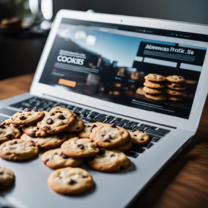 Laptop na drewnianym stole wyświetla stronę internetową z hasłem 'COOKIES', otoczony przez rzeczywiste ciasteczka z czekoladą rozłożone na klawiaturze. Scena symbolizuje tematykę przygotowania się do świata bez cookies w kontekście cyfrowym, z humorem łącząc wizualizację ciasteczek internetowych z ich smacznymi odpowiednikami - pieczonymi ciasteczkami.