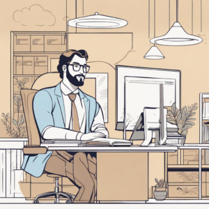 Ilustracja przedstawia mężczyznę w garniturze i krawacie, siedzącego przy biurku w biurowym otoczeniu, pracującego na komputerze. Na biurku znajdują się klawiatura, mysz i monitor. W pomieszczeniu widoczne są również dwie doniczki z roślinami, jedna blisko mężczyzny, a druga w dalszej części pokoju. Mężczyzna jest zajęty analizą, który system CRM wybrać dla swojej firmy? Salesforce czy Pipedrive CRM. Całość wywołuje wrażenie profesjonalizmu i produktywności.