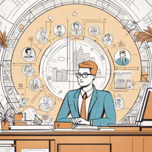 Ilustracja przedstawia mężczyznę w okularach, ubranego w garnitur i krawat, siedzącego przy biurku i pracującego na komputerze w biurowym otoczeniu. Wokół niego znajdują się ikony z ludźmi w różnych sytuacjach zawodowych, co sugeruje zarządzanie zespołem lub koordynację projektów. Scena oddaje atmosferę dynamicznego miejsca pracy, gdzie system CRM jest wykorzystywany do optymalizacji procesów i komunikacji.