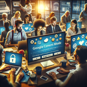 Grafika przedstawia różnorodną grupę osób korzystających z komputerów i urządzeń cyfrowych w nowoczesnym biurze, z widocznymi powiadomieniami o ciasteczkach internetowych i ustawieniach prywatności na ich ekranach, ilustrując koncepcję prywatności w Internecie oraz Google Consent Mode.